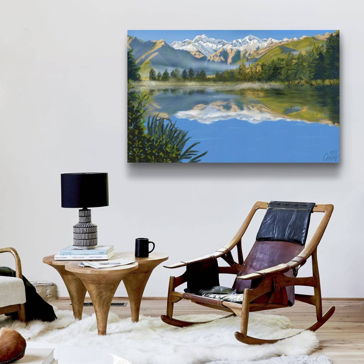 landscape art, nature print, mountains, lake