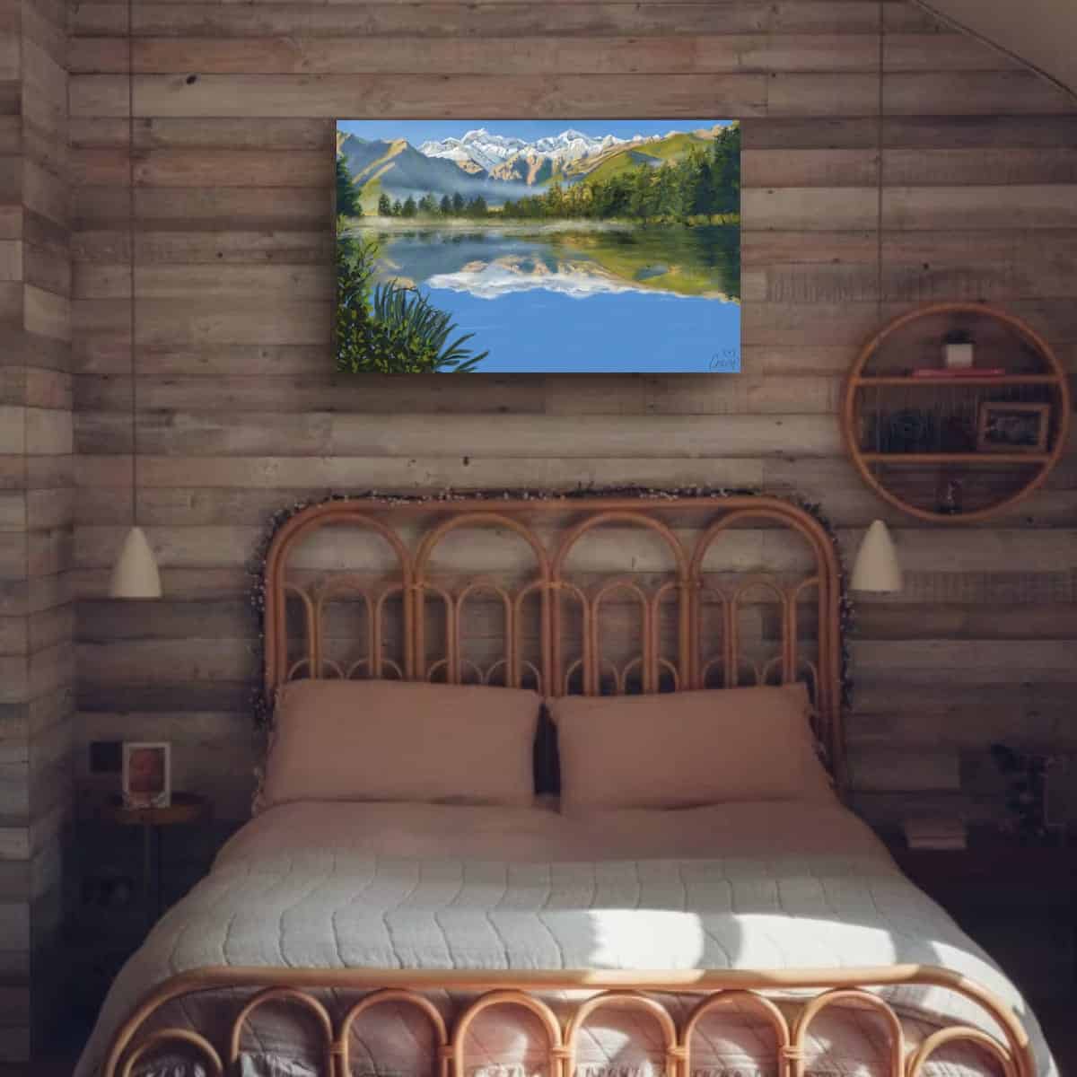 landscape art, nature print, mountains, lake