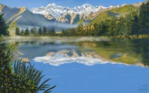 landscape art, nature print, mountains, lake