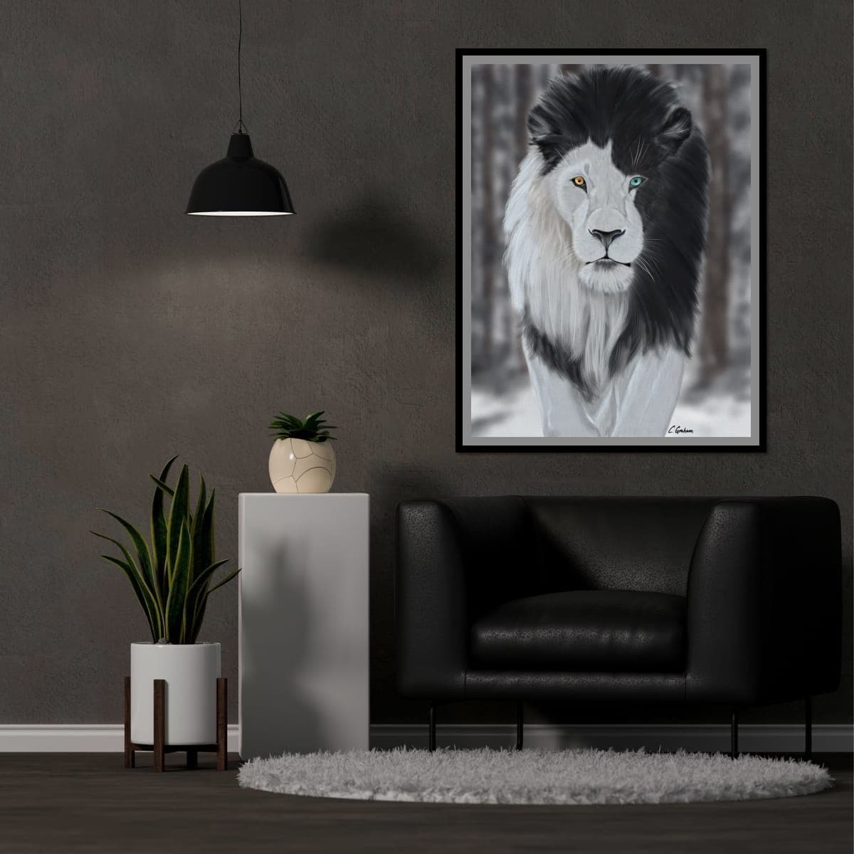 lion artwork, asymmetrical art, black and white art
