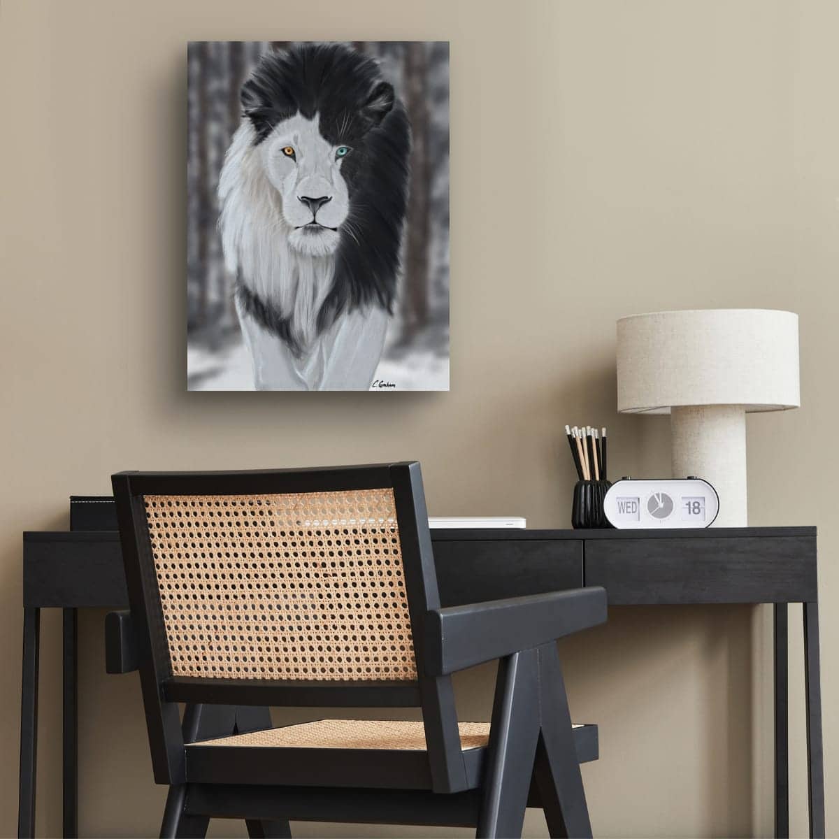 lion artwork, asymmetrical art, black and white art