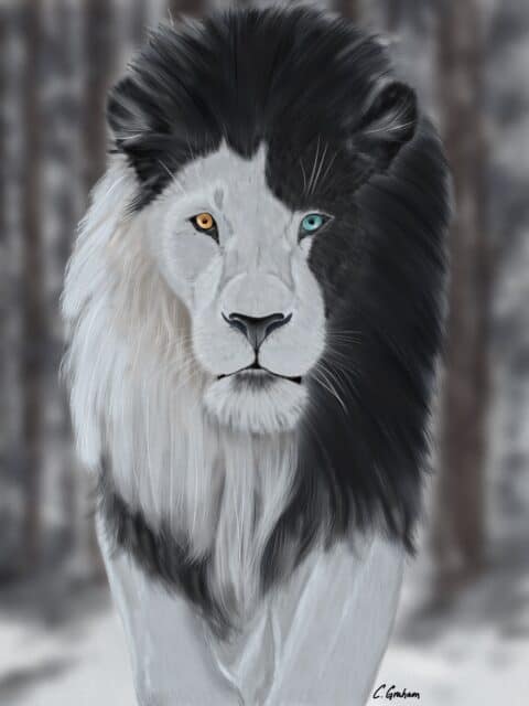 lion artwork, asymmetrical art, black and white art