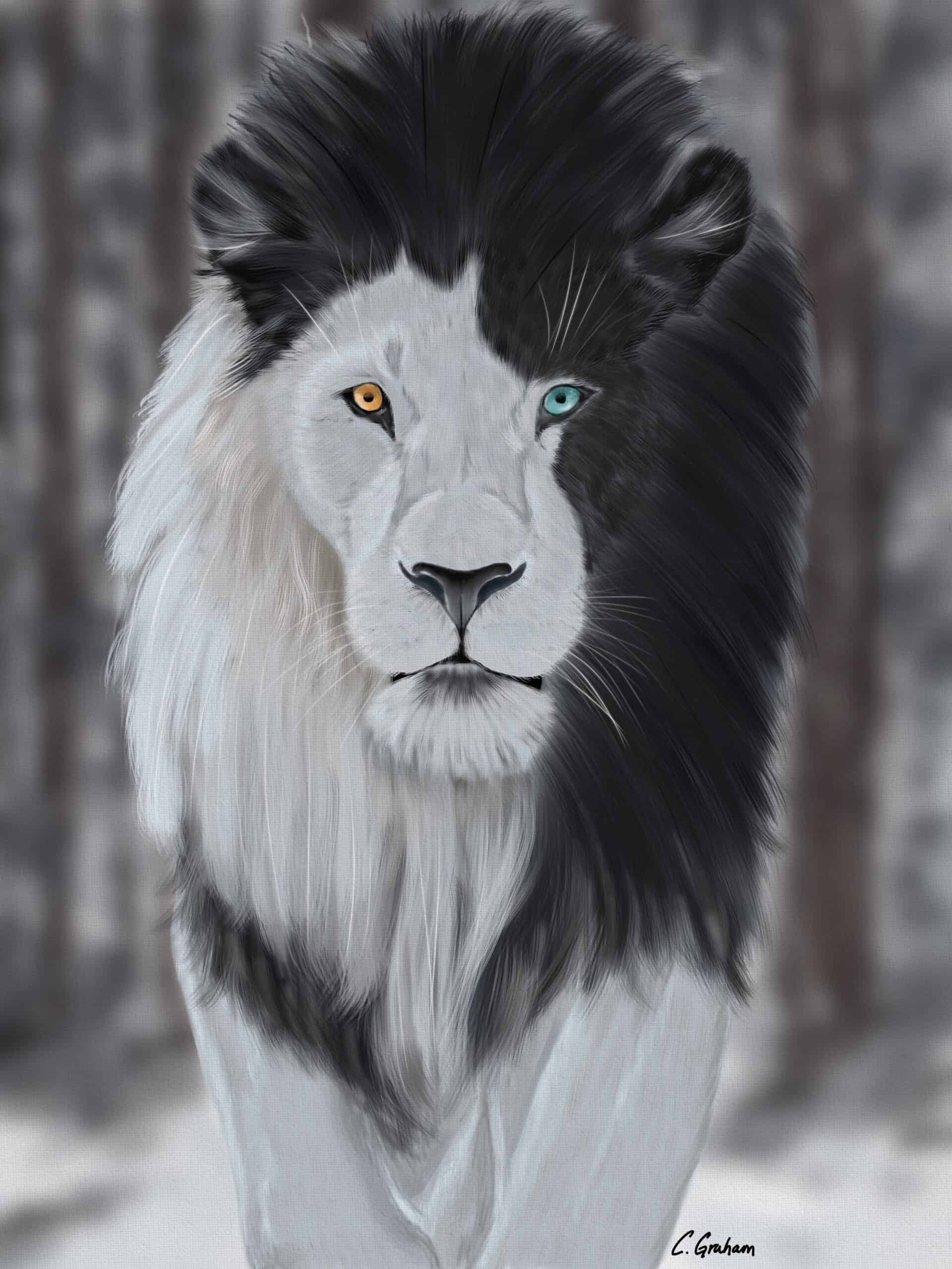 lion artwork, asymmetrical art, black and white art